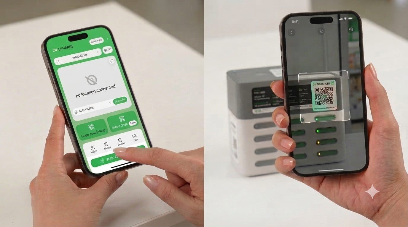 หน้าจอโทรศัพท์เปิดแอป 24CHARGE พร้อมสแกน QR Code ที่ตู้เช่า