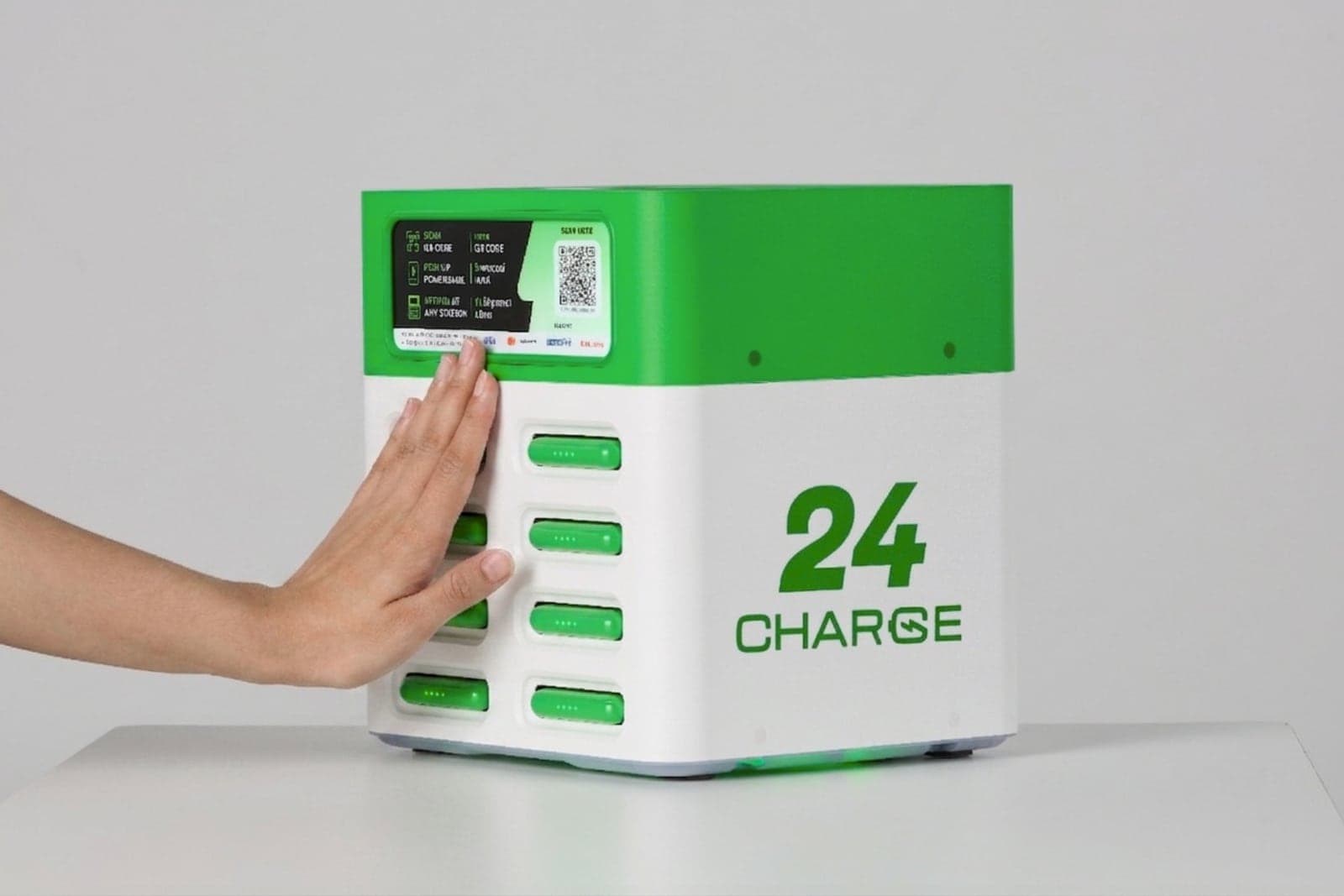 มือดันพาวเวอร์แบงก์กลับเข้าช่องว่างของตู้เช่า 24CHARGE